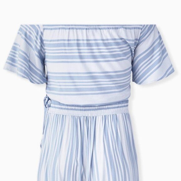 Torrid Striped Challis Crop Top Womens 6X 30 Blue Off Shoulder Short Sleeve - Picture 2 of 12